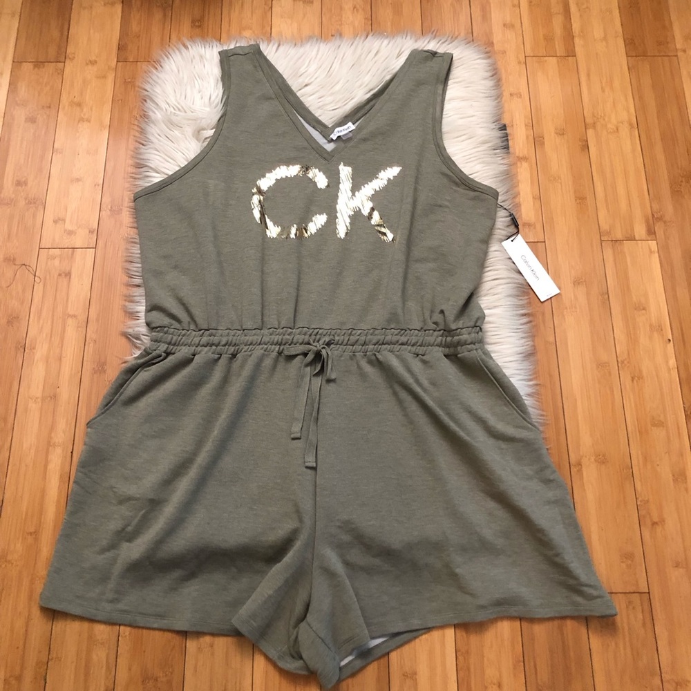 Calvin Klein Sporty Metallic Logo Sleeveless Drawstring Olive Romper size 3X NWT